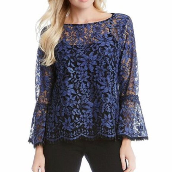 RELATIVITY Lace Sheer Bell Sleeve Blouse Top Black Blue Holiday Women NWT Small - Picture 1 of 8